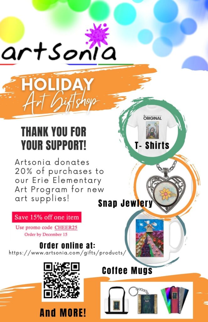 Artsonia's holiday gift shop promotes T-shirts, jewelry, and mugs, donating 20% to an art program. Order by December 15.