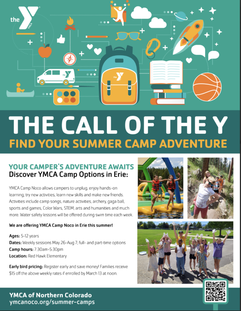 YMCA summer camp flyer featuring activities for kids, dates, location, and early bird registration details.