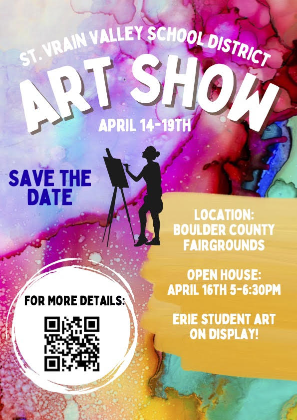 Colorful poster for St. Vrain Valley School District's Art Show, April 14-19, at Boulder County Fairgrounds.