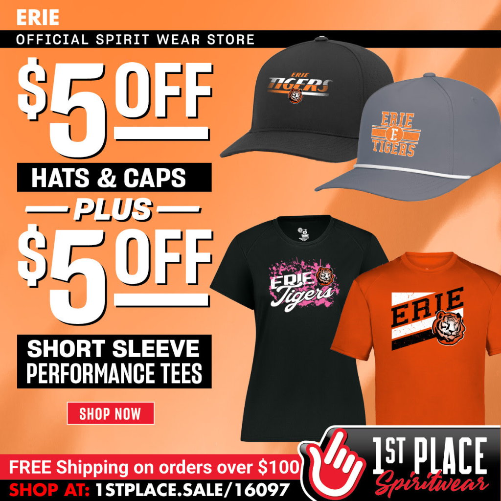 Promotional image for Erie Tigers spirit wear: $5 off hats and caps, $5 off short sleeve tees, free shipping over $100.