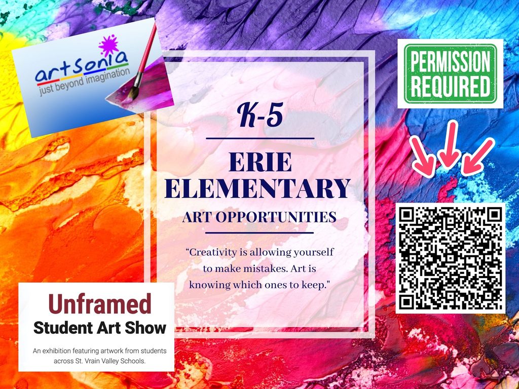 Fondo colorido que promociona las actividades artísticas en Erie Elementary, con un código QR y los detalles del evento.